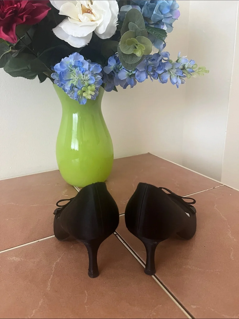 Stuart Weitzman Black Peep-Toe Heels with Bow Accent